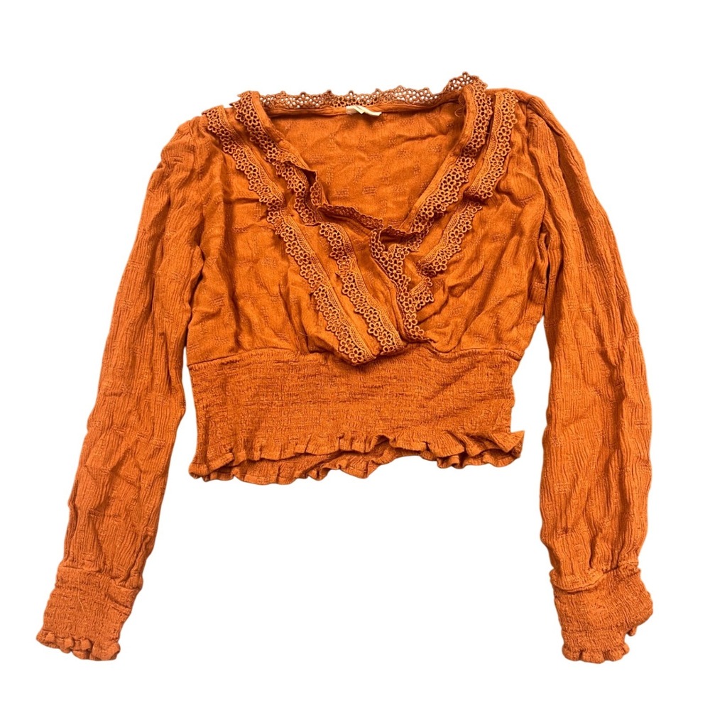 Self E Crop Top Womens Small Burnt Orange Boho Lace Smocked Long Sleeve V-Neck